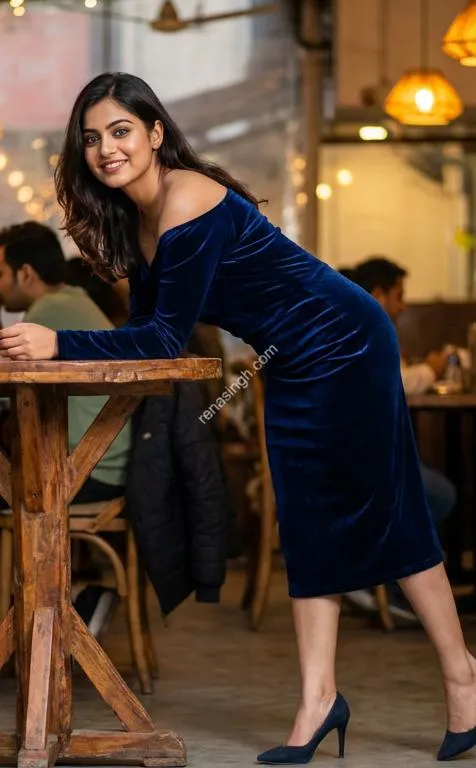 Roshni in blue dress cafe