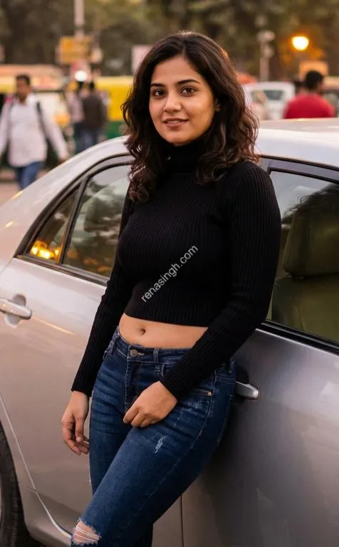 Simran leaning against car